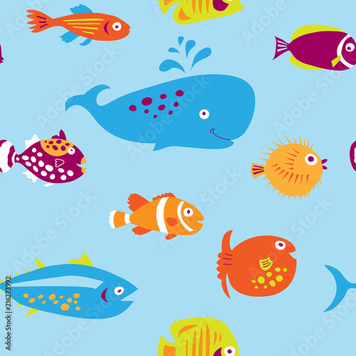 Cute seamless pattern with multi-colored cartoon fishes © bulycheva_art