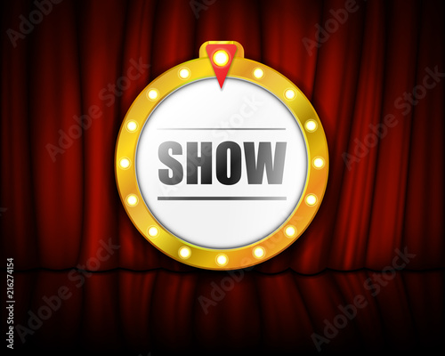 Theater sign on curtain with spotlight. Vector illustration.
