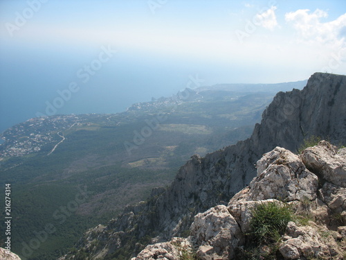 Mountain nature, Crimean cliffs with a view of the sea and sky from the height of the mountain ai petri