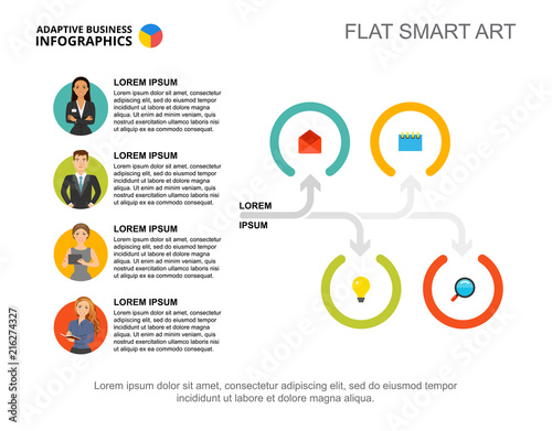 Four marketing ideas process chart template for presentation. Vector illustration. Diagram, graph, infochart. Vision, research, planning or marketing concept for infographic, report.