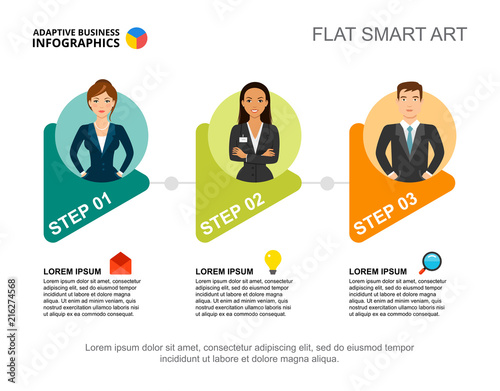 Three steps process chart template for presentation. Business data visualization. Strategy, management, production or marketing creative concept for infographic, report, project layout.