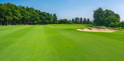 Panorama view of Golf Course with fairway field in Chiba Prefecture, Japan. Golf course with a rich green turf beautiful scenery.