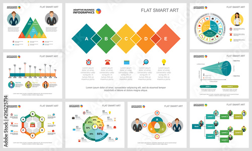 Colorful management or statistics concept infographic charts set. Business design elements for presentation slide templates. Can be used for financial report, workflow layout and brochure design.