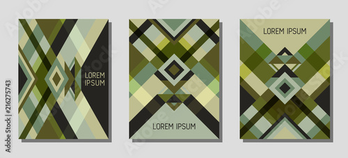 Cover page layout vector template geometric design with triangles and stripes pattern.