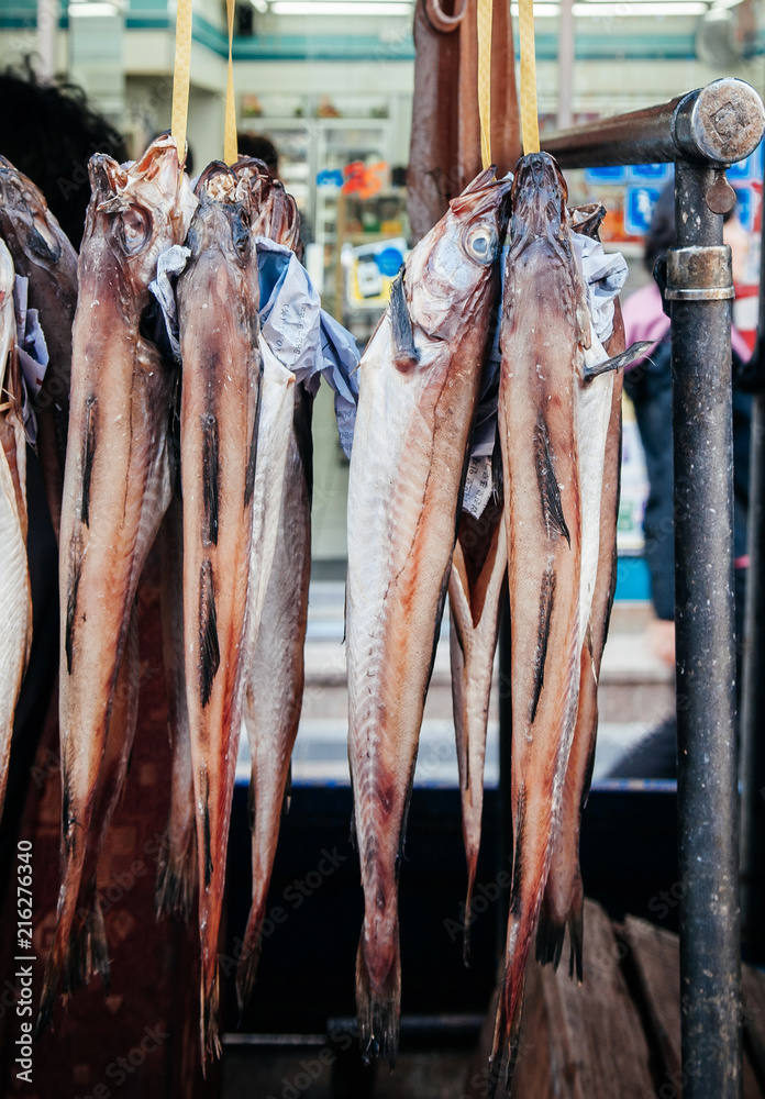 Dried fishes at Jagalchi seafood market, Busan, South Korea. Photos
