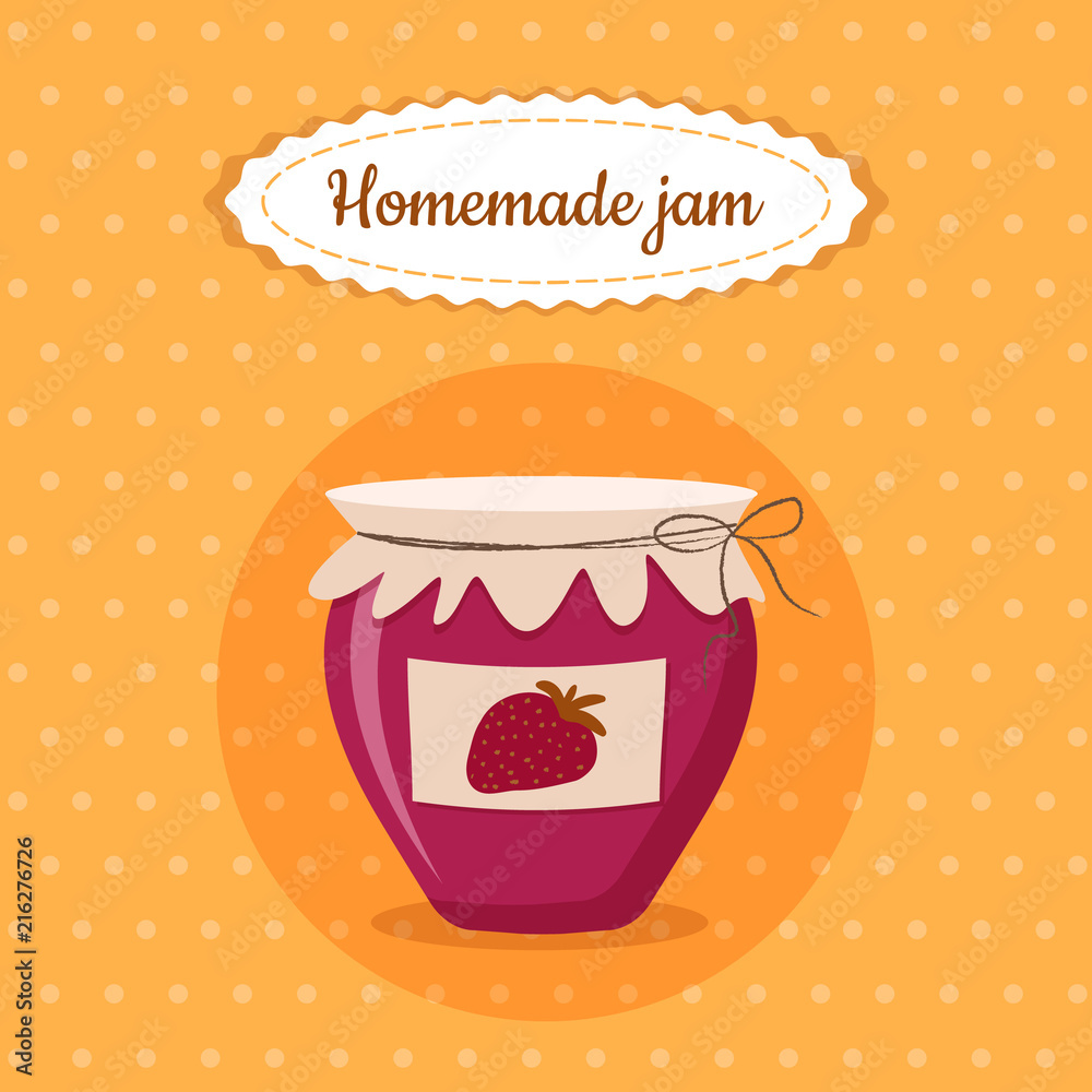 Sweet cute jam jar homemade strawberry dessert food vector illustration for poster, postcard, menu
