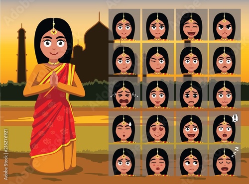 Indian Traditional Woman Cartoon Emotion faces Vector Illustration