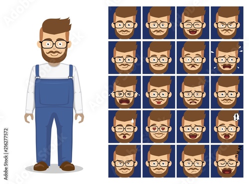 Hipster Beard Glasses Cartoon Emotion Faces Vector Illustration