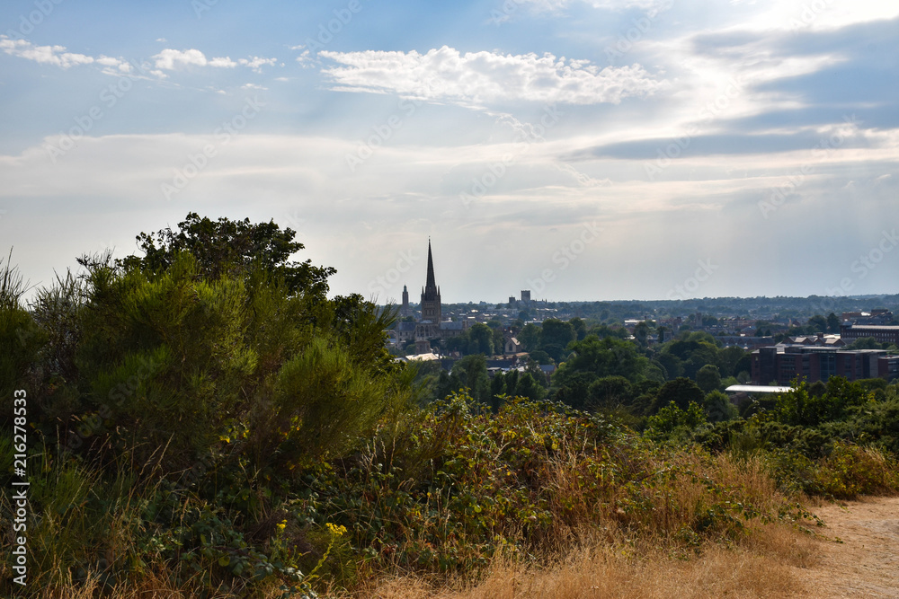 Fototapeta premium Panoramic daytime view over Norwich City and Cathedral from St James Hill, Mousehold Heath, Norwich
