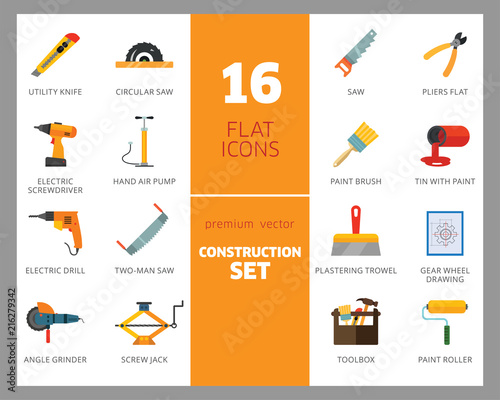 Construction tools icon set. Saw, hammer, drill, screwdriver, toolbox. Renovation concept. Can be used for topics like interior decoration, construction site, DIY store