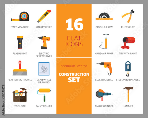 Construction tools icon set. Saw, hammer, drill, screwdriver, toolbox. Renovation concept. Can be used for topics like interior decoration, construction site, DIY store