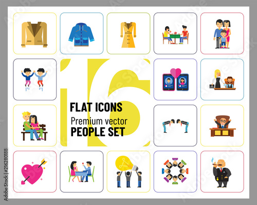 People Icon Set. Family Showing Respect Amour Symbol Couple On Park Bench Dating Team Dinner Friends Greeting Boss Director Common Idea Rich Person