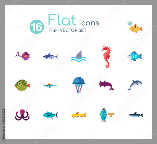 Fish icons set with dolphin, shark and seahorse. Thirteen vector icons