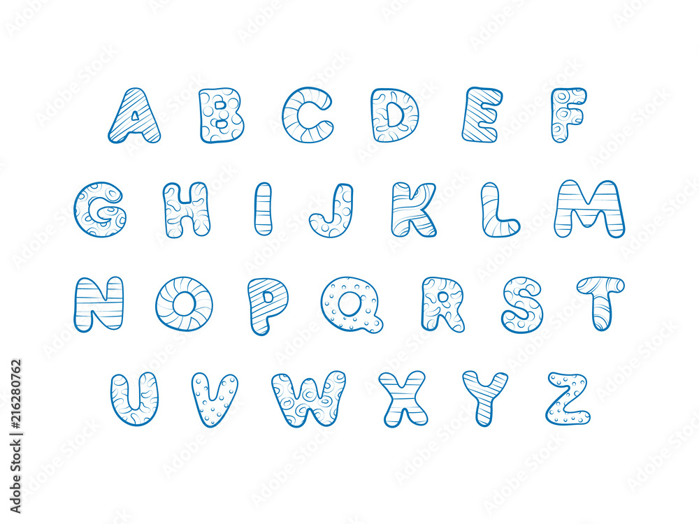 Hand-drawn cute vector alphabet for kids. Comic doodle font written by blue  ink pen with decorative ornament. Collection of cartoon capital letters  collection in children ABC. Stock Vector | Adobe Stock
