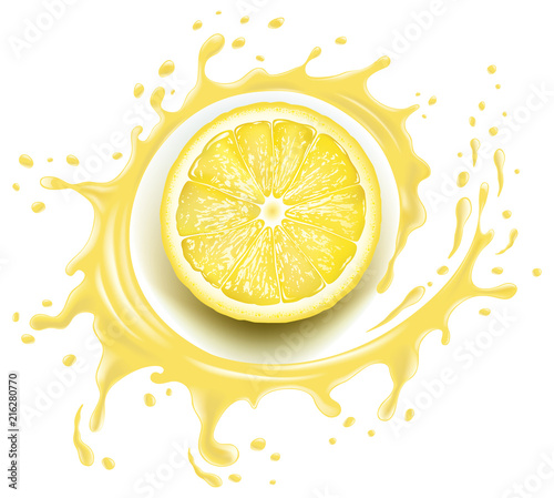 Yellow lemon slice with splash and many juice drops