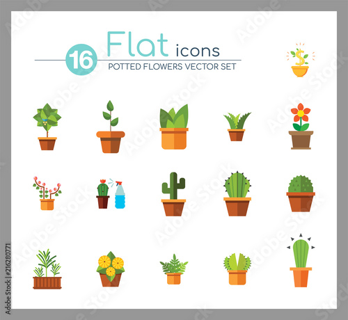 Potted Flowers Icon Set. Money Tree Cactus In Pot Cactus And Spray Bottle Plant Blooming Flower Chinese Peach Tree Cactus Red Flower Cactus In Flower Pot Tree In Pot Aloe Vera