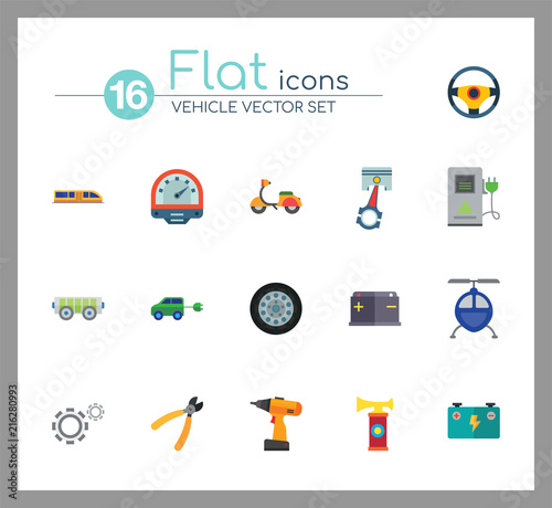 Vehicle icons set with helicopter, electrocart and trolley car. Thirteen vector icons