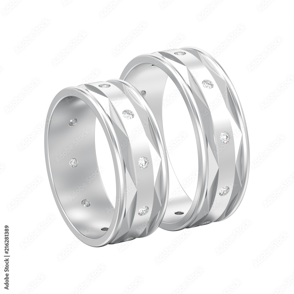 3D illustration isolated two white gold or silver modern engagement wedding diamond rings 3D illustration isolated two white gold or silver modern engagement wedding diamond rings