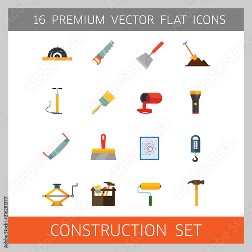 Construction tools icon set. Saw, hammer, drill, screwdriver, toolbox. Renovation concept. Can be used for topics like interior decoration, construction site, DIY store