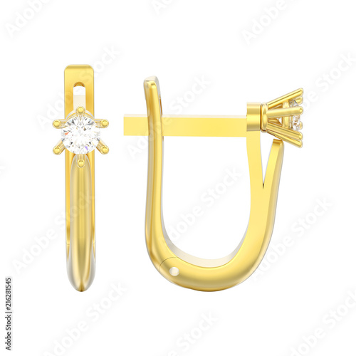 3D illustration isolated yellow gold diamond solitaire earrings with hinged lock