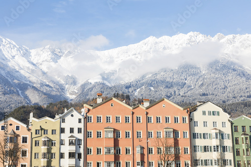 Austria, Innsbruck, row of houses in front of Nordkette Mountains