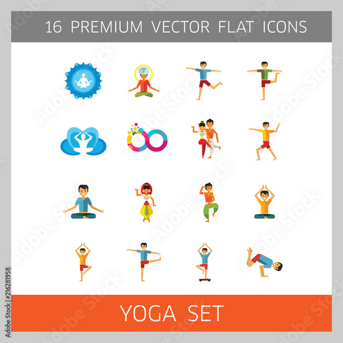 Yoga Icon Set. Infinity Meditation Handstand Virabhadrasana Lotus Position Yoga Sign Man Meditating Yogi Man Doing Yoga Man Doing Exercises Vrksasana Virabhadrasana Virasana