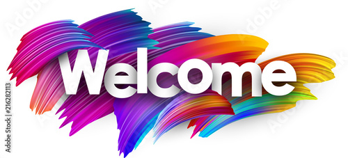Welcome paper poster with colorful brush strokes. photo