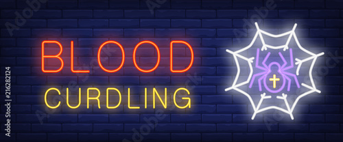 Blood curdling neon style banner. Text and spider on web on brick background. Night bright advertisement. Can be used for signs, posters, billboards