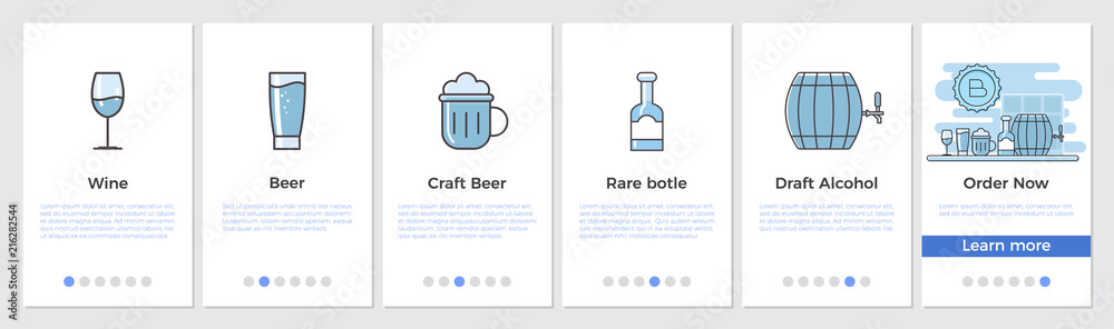 Online Alcohol shop onboarding mobile app page screen with linear concepts. Digital catalog or Landing concepts. UX, UI, GUI vector template with illustrations on gray background Online Alcohol shop onboarding mobile app page screen with linear concepts. Digital catalog or Landing concepts. UX, UI, GUI vector template with illustrations on gray background