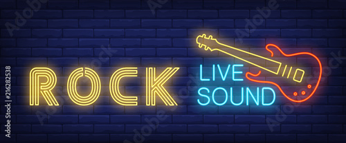 Rock, live sound neon style banner. Text and electrical guitar on brick background. Night bright advertisement. Can be used for signs, posters, billboards