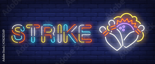 Strike neon style banner. Text and bowling ball with bowls on brick background. Night bright advertisement. Can be used for signs, posters, billboards