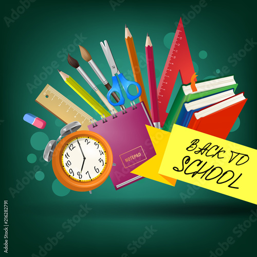 Back to school lettering on yellow ribbon with textbooks and supplies. Offer or sale advertising design. Handwritten text, calligraphy. For leaflets, brochures, invitations, posters or banners.