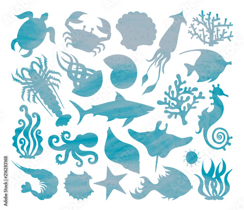 Vector set of silhouettes of sea animals. Stencil marine life. Undersea world.