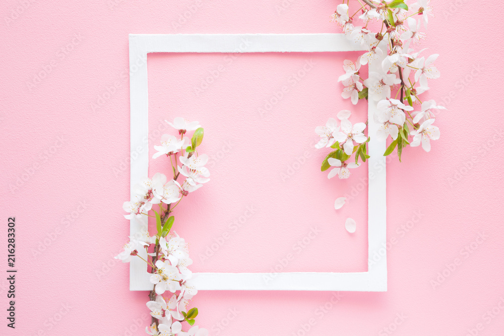 Fresh branches of cherry white blossoms on pastel pink background. Soft  light color. Mockup for special offers as advertising or other ideas. Empty  place for sentimental, inspirational text or quote. Stock Photo |