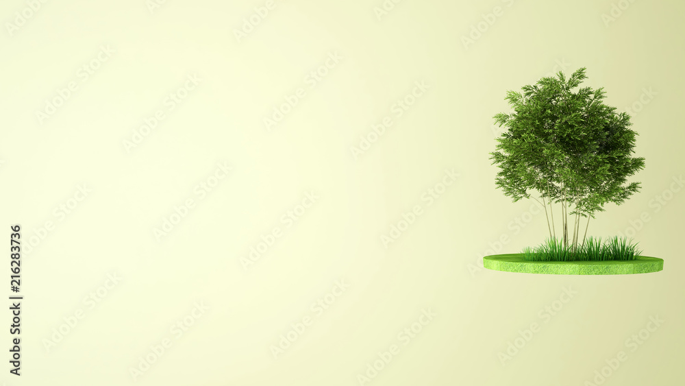 Trees in the meadow on the island. Trees on the grass and yellow background. Artwork idea for park. 3D Illustration. Trees in the meadow on the island. Trees on the grass and yellow background. Artwork idea for park. 3D Illustration.