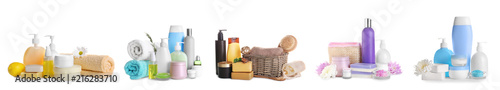 Set of body care products on white background