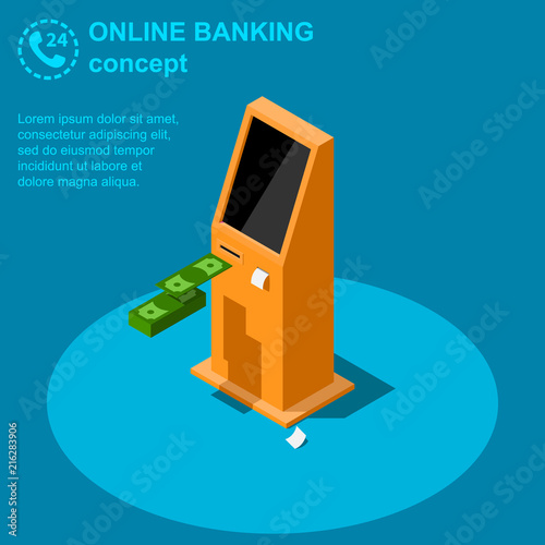Isometric online banking concept. ATM machine or self- service payment terminal vector illustration.