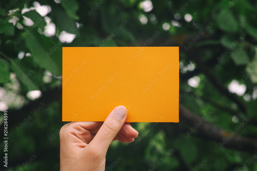 Hand holds blank yellow piece of paper Hand holds blank yellow piece of paper