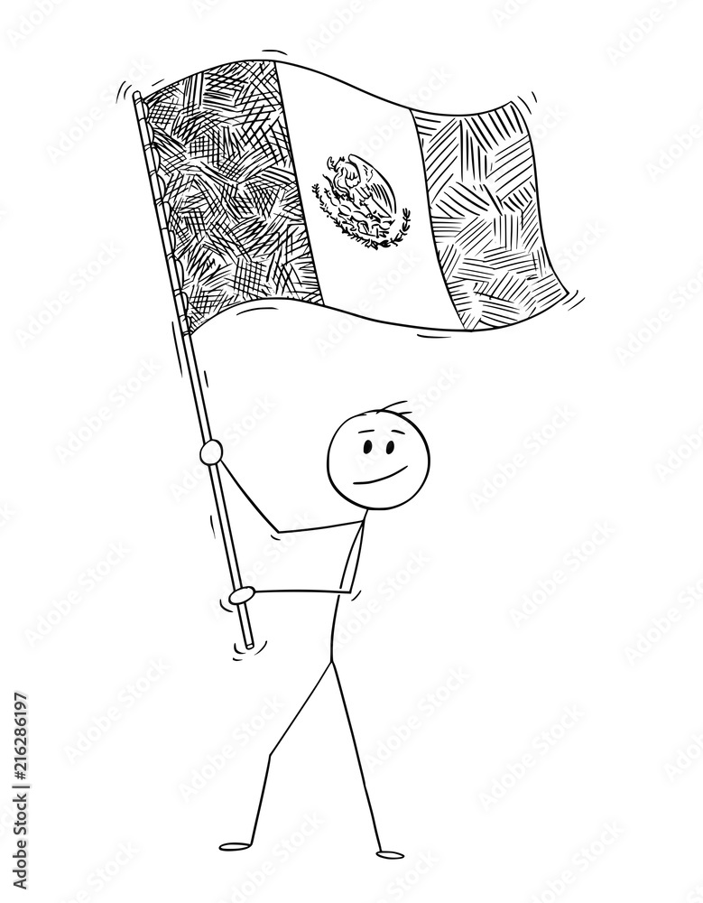 Cartoon drawing conceptual illustration of man waving the flag of