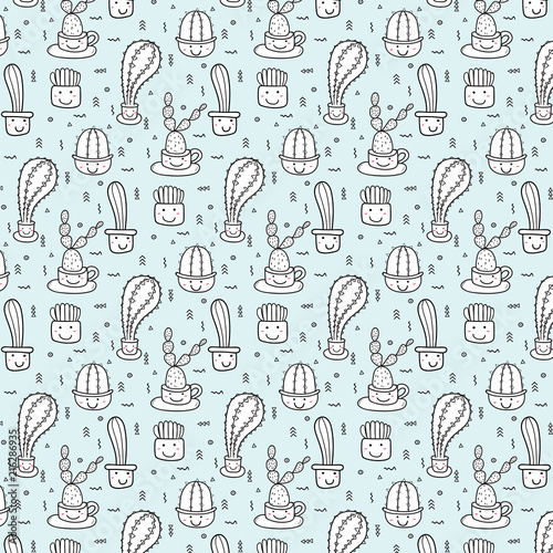 Hand Drawn Tropical Cactus Pattern. Vector Illustration Background.