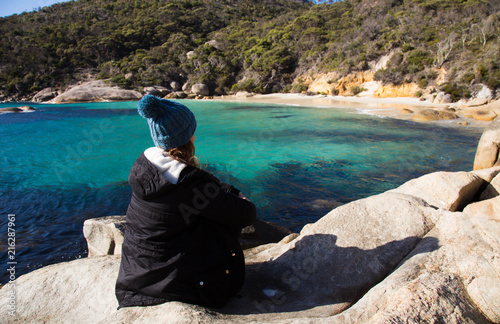 girl waching a bealtiful view, wich nice beach, little beach in Australia