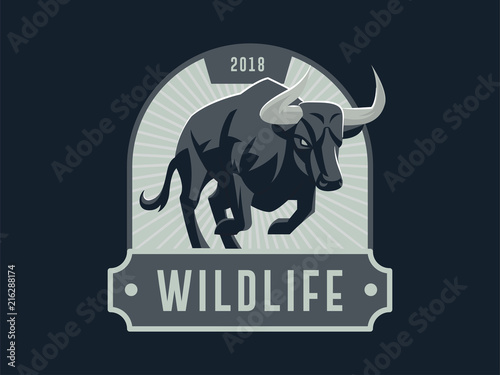 Vintage emblem with strong muscular bull illustration.