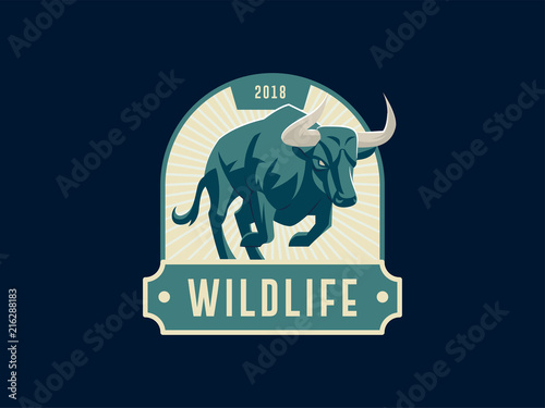 Vintage emblem with strong muscular bull illustration.
