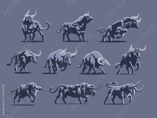 Set of bulls and buffalo in different poses. 
