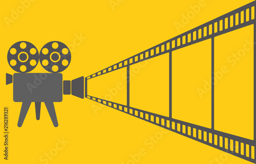 Retro video camera and film tape on yellow cimena background, stock vector illustration