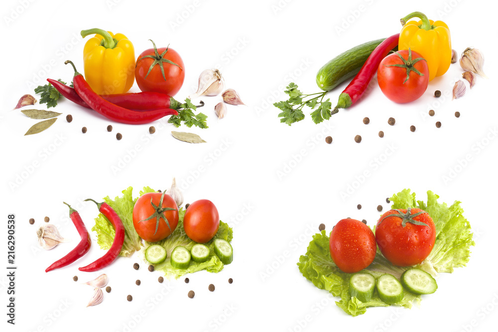 A composition of multi-colored vegetables on a white background. Fresh red tomatoes with yellow and red peppers on a white background. Red tomato with yellow and red bell pepper. Bitter pepper with gr A composition of multi-colored vegetables on a white background. Fresh red tomatoes with yellow and red peppers on a white background. Red tomato with yellow and red bell pepper. Bitter pepper with gr