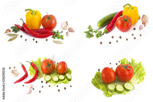 Fototapeta Naklejka Na Ścianę i Meble -  A composition of multi-colored vegetables on a white background. Fresh red tomatoes with yellow and red peppers on a white background. Red tomato with yellow and red bell pepper. Bitter pepper with gr