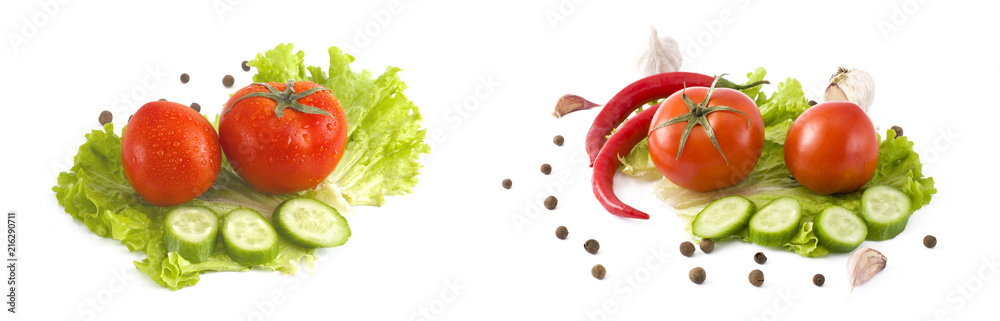 Red bitter pepper cucumber and tomato on a white background. Red bitter pepper cucumber and tomato on a white background.