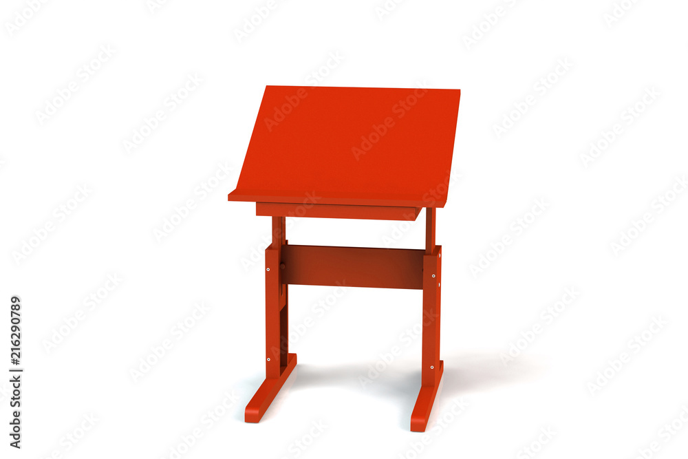 Fototapeta premium Children's small wooden table. School desk with adjustable height on a white background. Isolated.