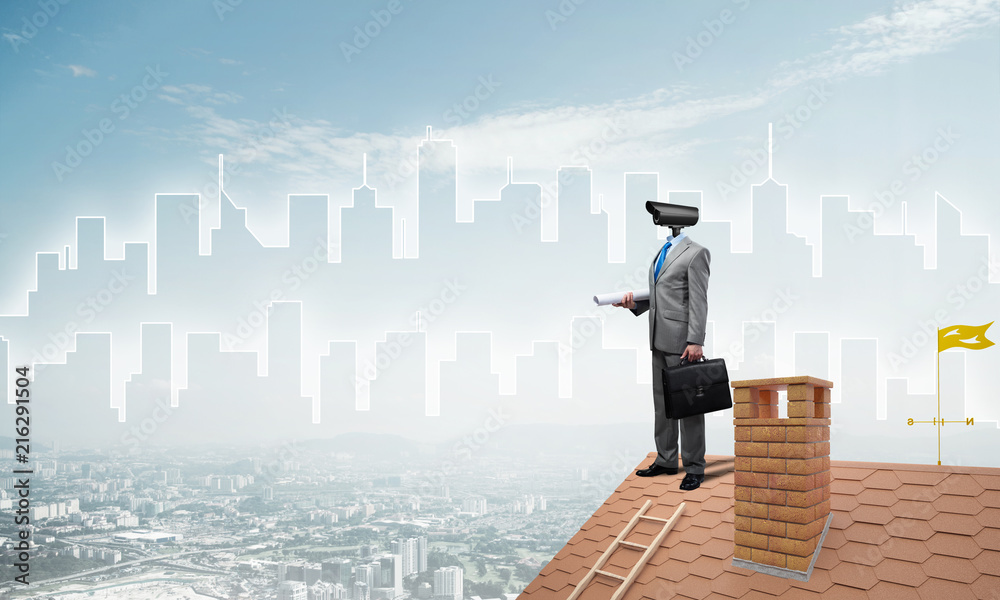 Concept of home security and privacy protection with camera headed man Concept of home security and privacy protection with camera headed man